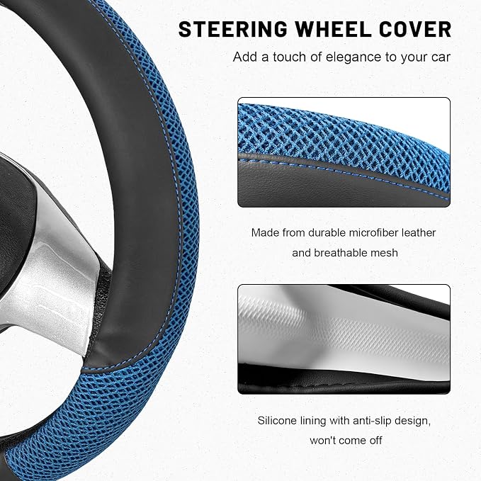 Sun Walker Steering Wheel Cover, 15 inch Breathable Steering Wheel Protector with Anti-Slip Lining, Comfortable Wheel Wrap Cover for Most Vehicles, Universal Car Accessories (Blue)
