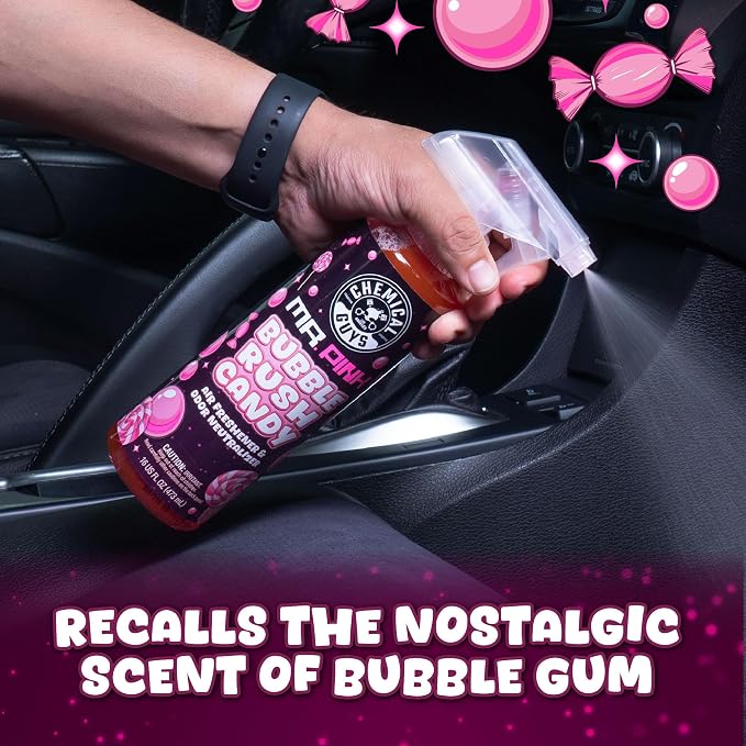 Mr. Pink Bubble Rush Candy Scent Car Air Freshener and Odor Eliminator for Cars, Trucks, and SUVs, Home, and Office - Full Size Sweet Bubble Gum Candy Scent Spray, 16 Fl Oz