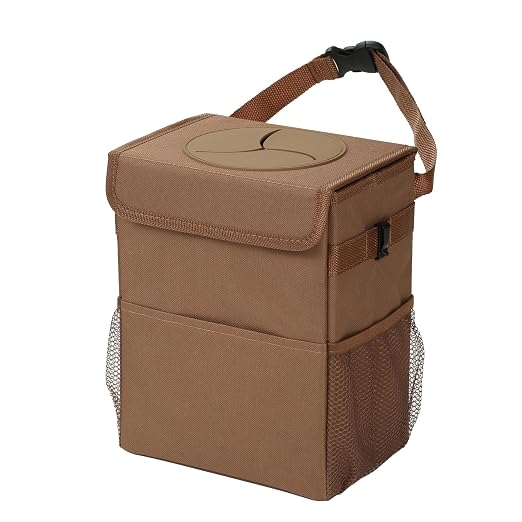 AOKJOY Car Garbage can with lid Leak Proof Vehicle Trash Can 3 Storage Pockets Hanging Waterproof car Trash Bag for SUV Brown