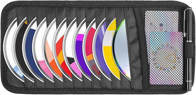 Trinkrittey Black Car CD Case Holder DVD Vehicle Visor Storage Orangizer Large Capacity CD Visor Case with 12 DVD Storage Sleeves 1 Mesh Pocket 1 Pen Holder and Elastic Strap