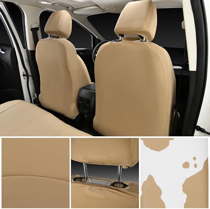 Cow Print Faux Leather Car Seat Covers & Cow Car Mats & Cow Steering Wheel Cover Seat Belt Pads Universal fit for SUV,Van,Saden,Truck Cute Car Accessories Automobile Interior Sets All Beige