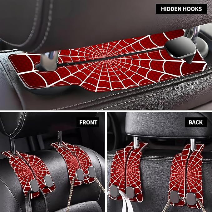 1 Pack Purse Hook for Car Red and White Spider Web Headrest Back Seat Hook Premium Leather Double Metal Hanger Storage Pack Bag Purse Holder Car Accessories