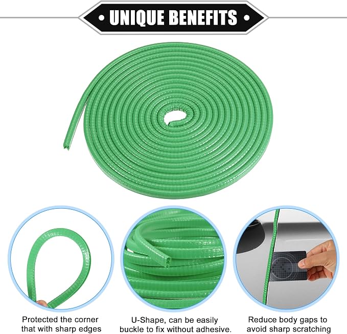 Car Door Edge Guard, 16.4ft U Shape Rubber Edge Trim Seal Strip Protector Universal for Car Truck ATV Boat Multifunctional No Glue PVC Iron Green