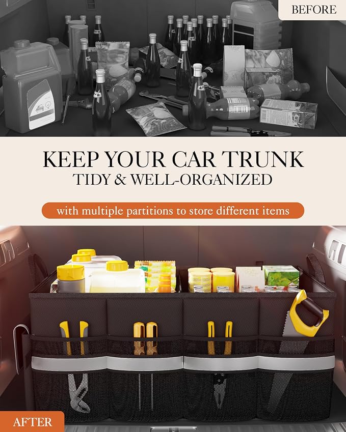 Trunk Organizer - Car Organizer with 5 Pockets, Trunk organizer for SUV, Sedan & Van, Car Organization with Sturdy Base Panel for Car Accessories, Black, 2 Compartments, 21.3"×12.6"×10.6"