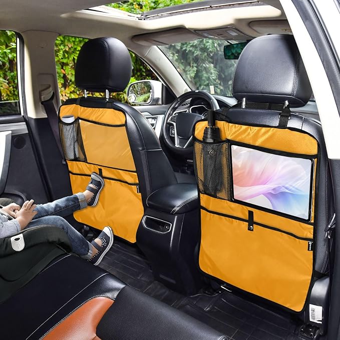 Seat Back Organizer Marigold Car Backseat Protective Kick Mat with Mesh Pockets, Car Seat Protector for Child Car Seat