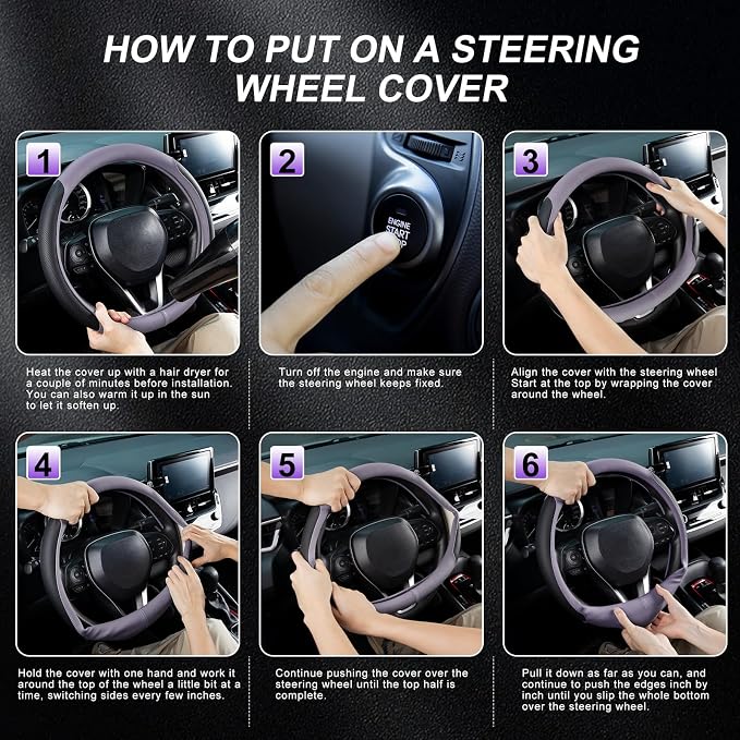 Steering Wheel Cover for 14.5-15 inch Wheels, Breathable PU Leather with Perforated Sides, Anti-Slip Grip, Universal Fit for Cars & SUVs, Black and Light Purple