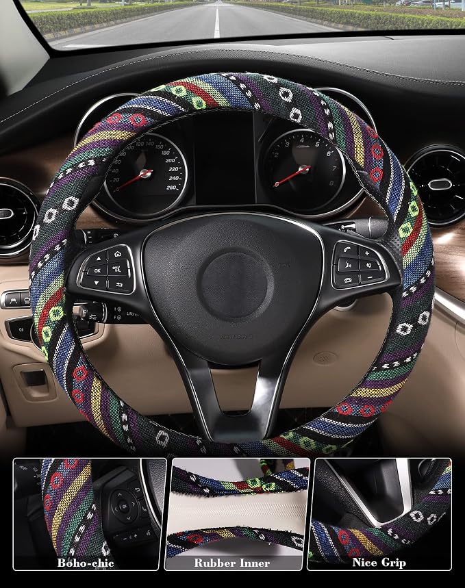 Boho Steering Wheel Cover with Baja Blanket Cloth, Ethnic Style Auto Wheel Cover Made of Coarse Flax, Fits 14 1/2-15 1/4 inches Car Wheel