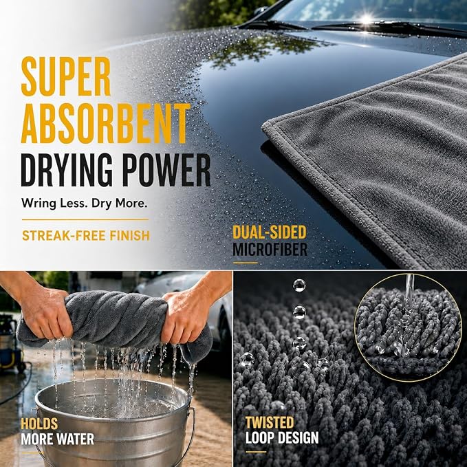 Car Drying Towel, Extra Large 48 x 24 Inch, 1400 GSM, Dual-Grey | Twisted Loop Microfiber Towel for Cars - Absorbent Car Dry Towel and Car Wash Towel for Streak-Free, Paint-Safe Car Detailing