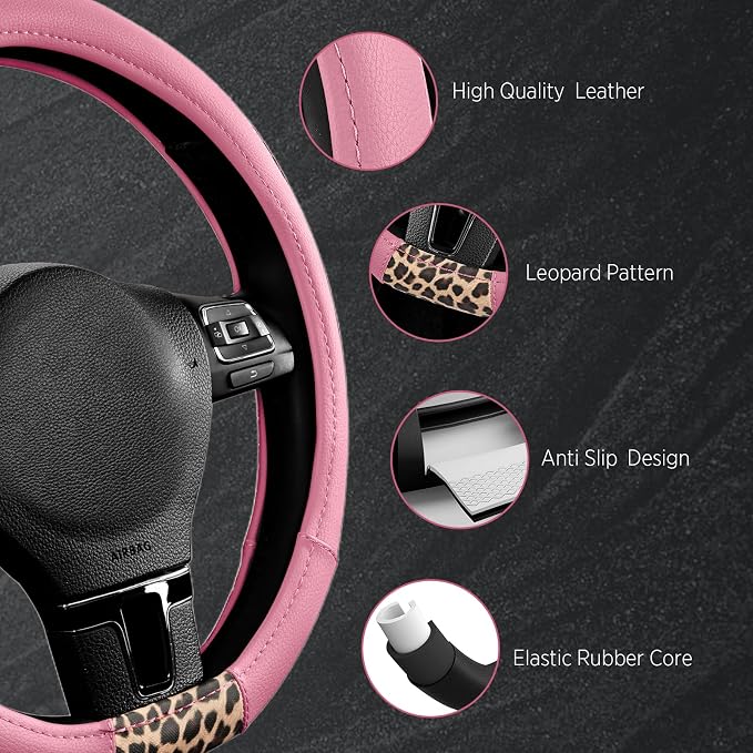 Steering Wheel Cover - Flat Bottom Wheel Cover Made with PVC Leather and Leopard Fabric - Universal Fit for 15-Inch D-Shaped Automotive Steering Wheels (Pink Color)