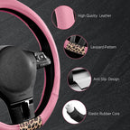 Steering Wheel Cover - Flat Bottom Wheel Cover Made with PVC Leather and Leopard Fabric - Universal Fit for 15-Inch D-Shaped Automotive Steering Wheels (Pink Color)