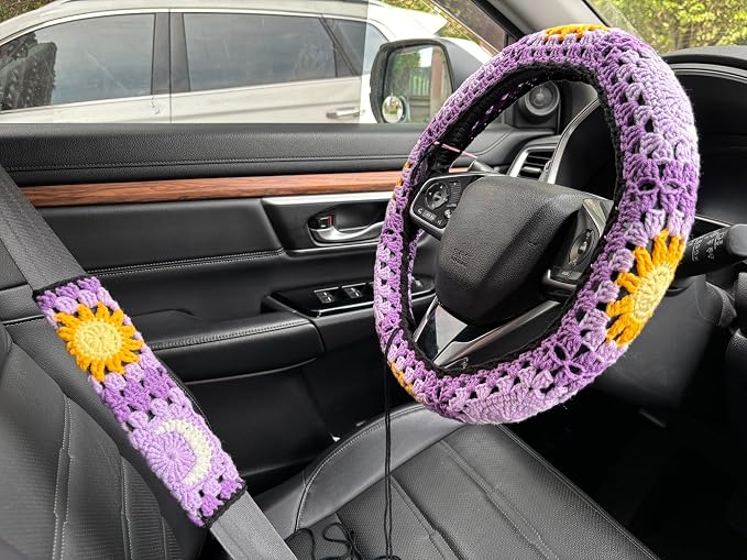 Handmade Crochet Sun Moon Car Steering Wheel Covers Universal 14-15 inch,Cute Steering Wheel Cover,Car Accessories (B:Wheel Cover+2 Belt Cover)