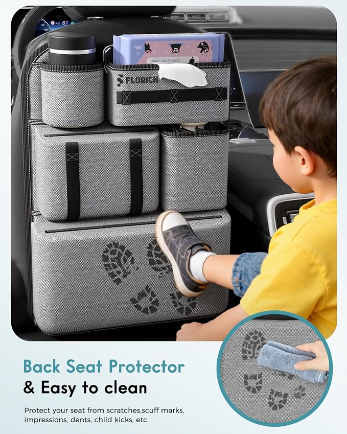 2 PACK PU Coated Fabric Car Backseat Organizer, Durable Large capacity Seat Back Organizer and Storage with 6 Pocket, Kick Mats Back Seat Protector for Kids Universal Fit