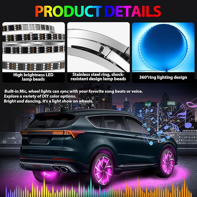 4PCS RGB LED Wheel Rim Lights with Bluetooth and Remote Control,3-Row Wheel Ring Light Kits with Turn Signal and Braking Function Tire Lights for Pickup Truck SUV Car (15inch)