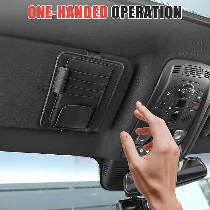 Sunglass Holder for Car Visor, Multi-Pocket Leather Car Sun Visor Organizer with Ticket Pens Card Clip, Sunglasses Holders,Suitable Eyeglasses,Car Accessories Keep Tidy (Black)