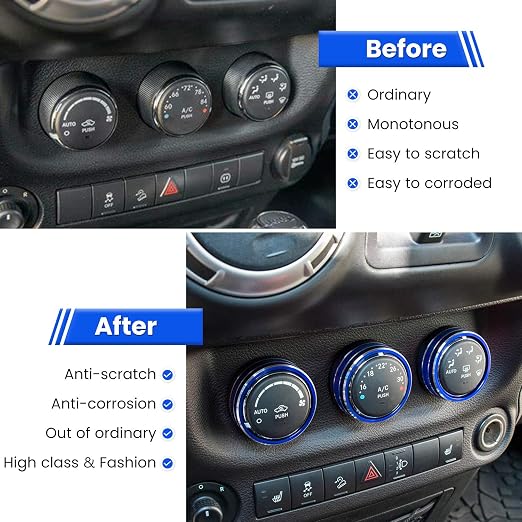 Audio Air Conditioning Button Cover Decoration Twist Switch Ring Trim for Jeep Wrangler JK JKU Patriot 2011-2018, Compass 11-16, Liberty 08-12, Dodge Challenger 08-14 Interior Accessories (Blue)