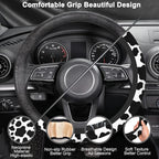 Cow Print Steering Wheel Cover with 2 PCS Cup Coasters for Car,Black and White Cow Print 15 Inch Non-Slip Neoprene Steering Wheel Covers,Breathable Car Accessories Fit for Men Women