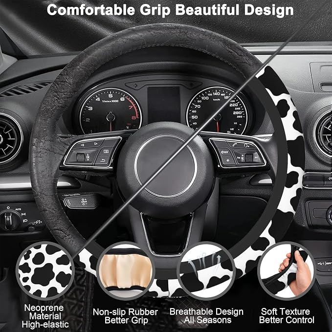 Cow Print Steering Wheel Cover with 2 PCS Cup Coasters for Car,Black and White Cow Print 15 Inch Non-Slip Neoprene Steering Wheel Covers,Breathable Car Accessories Fit for Men Women