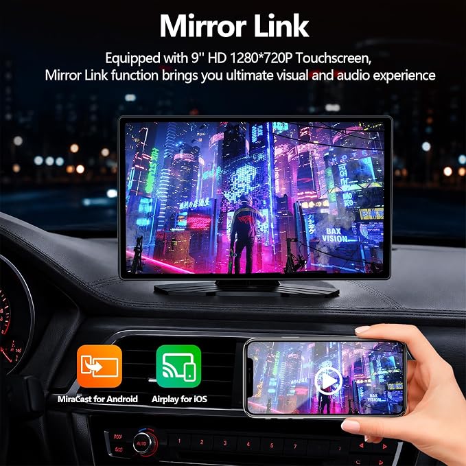 9" Wireless CarPlay Screen with Apple Car Play & Android Auto for Car, OTA Updates, Backup Camera, Bluetooth 5.0, Mirror Link, Voice Control, GPS Navigation, FM, AUX
