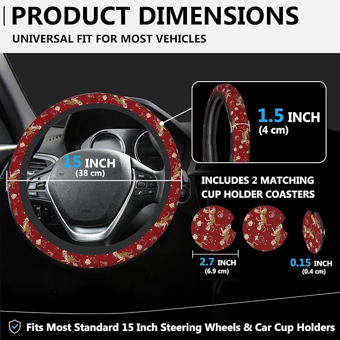 Chinoiserie Tiger and Peony Floral Steering Wheel Cover for Women, Anti-Slip Car Steering Wheel Cover with 2 Pcs Cup Holders Neoprene Breathable Car Accessories Universal 15 Inch Auto Interior Decor