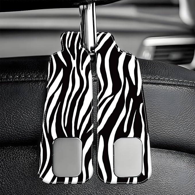 Purse Hook for Car Abstract Black Zebra 1 Pack Headrest Back Seat Hook Premium Leather Double Metal Hanger Storage Pack Bag Purse Holder Car Interior Accessories