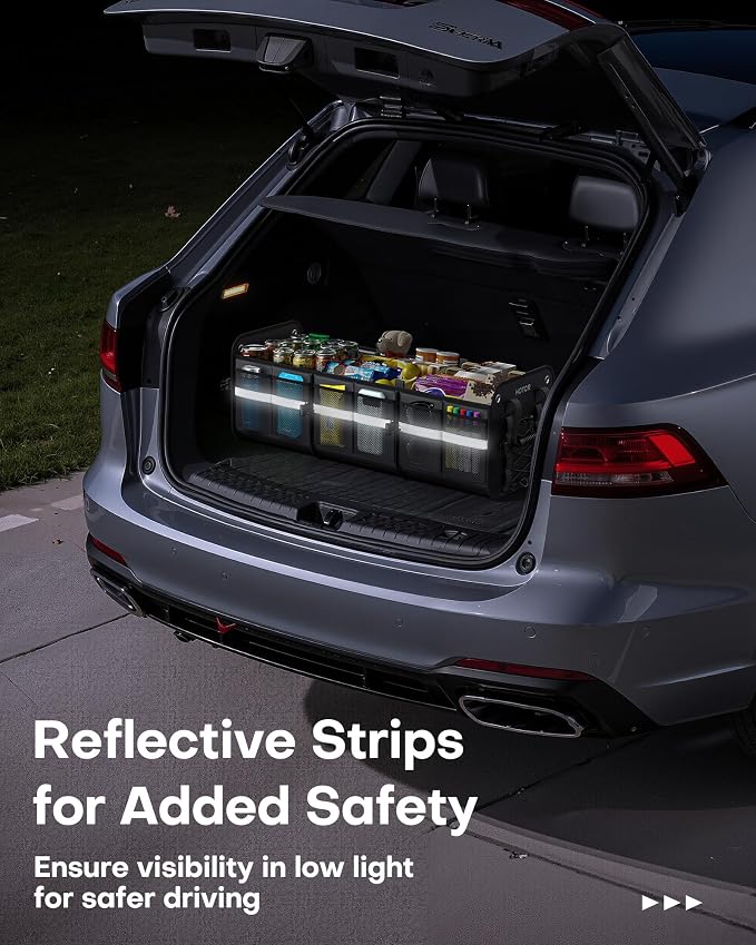 Trunk Organizer for SUV – Car Storage Box with Reflective Strips, Collapsible Car Organizer with Large Capacity, Essential Car Accessories for Truck, Van & Sedan, Black, 33.1" x 13.0" x 12.0"
