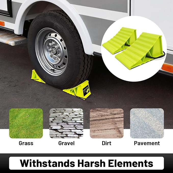 2 Pair Wheel Chocks for Travel Trailers, Non Slip Heavy Duty Green Wheel Chock with Rope, Lightweight Wheel Stoppers for Cars Campers Trucks RVs, Easy to Carry & Suitable for Most Tyre Sizes