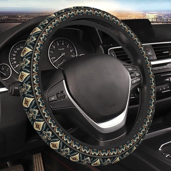 Geometric Steering Wheel Cover Car Elastic Steering Wheel Protector | Aztec Style Abstract Anti-Slip Breathable Car Accessories Interior for Women Men Universal 15 Inch Fit Auto Truck