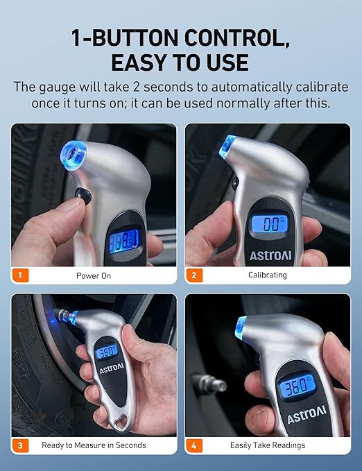 Digital Tire Pressure Gauge 0-150PSI Calibrated to ANSI B40.7 +/-1PSI, 4 Units for Car Truck Bicycle with Backlight LCD and Presta Valve Adaptor, Sliver, 4Pack