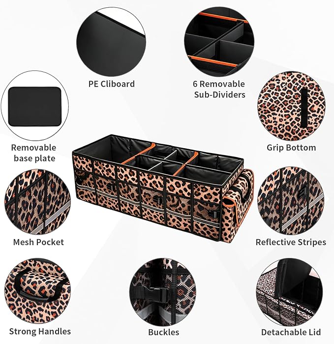 Car Trunk Organizer and Storage with Lid & Removable Cooler Bag, Car Accessories 6 Removable Dividers for Custom Space, Collapsible Trunk Organizers Interior for SUV & Sedan, Large