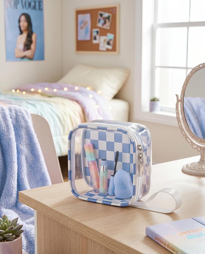 Preppy Clear Makeup Bag Travel Cosmetic Case Transparent Blue and Beige Checkered Mini Toiletry Bag,Portable Make Up Organizer Traveling Compact Car Accessories And Organization
