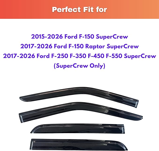 KPY Rain Guards Fit for 2015-2026 Ford F150 SuperCrew, Out-Channel Window Visor Vent Deflector 4PC, Truck Accessories for 2017-2026 F150 Raptor F250 F350 F450 F550 Super Duty Crew Cab (Full-Size Cabs)