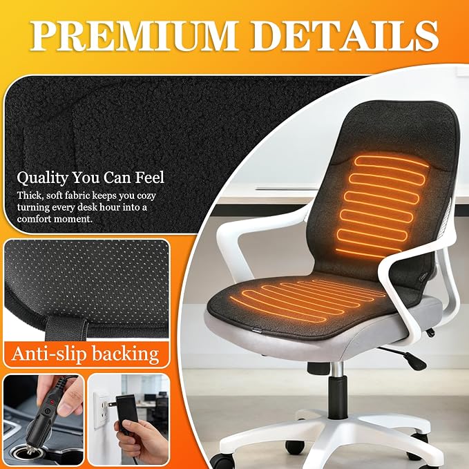 Black Heated Seat Cushion for Office Chair, Heated Seat Warmer for Pain Relief with 3 Heat Levels, Chair Seat Pad for Back, Waist, HIPS Home Office Use, Warm Christmas Holiday Gift for Winter