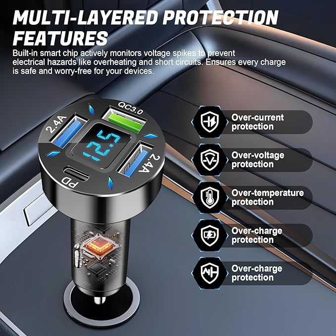 4-Port Car Charger, 12-24V Cigarette Lighter Adapter with 3 USB & 1 USB-C Port, Supports QC/PD Fast Charging, Features Digital Display and LED Lights, Fits iPhone, Fits Samsung and More Phones