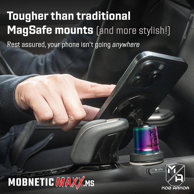 MobNetic Maxx MS - MagSafe Compatible Car Phone Mount w/ 90º Tilt, 360º Rotation & Durable Aluminum Build, Magnetic Holder for iPhone & Android Devices, USA Assembled - Multi-Colored