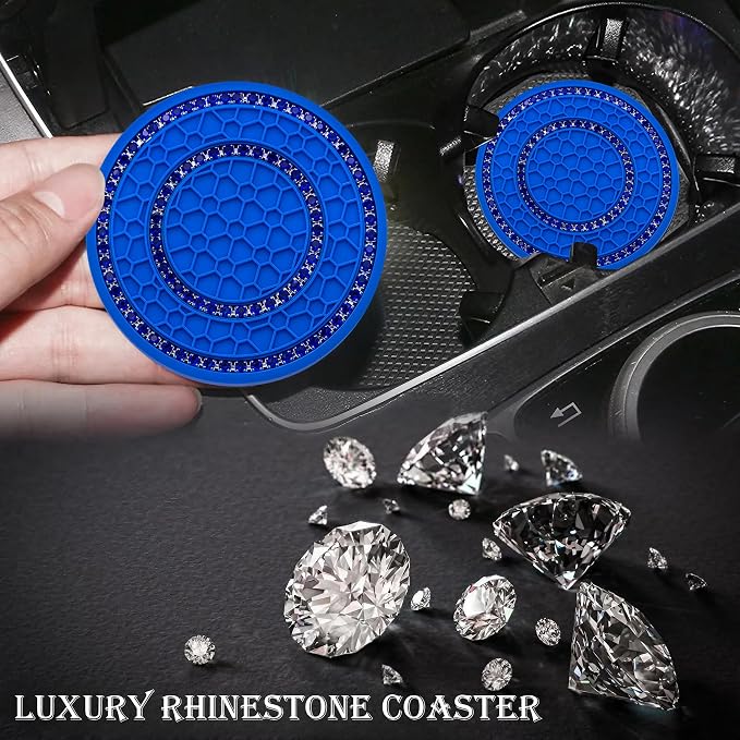 2PCS Bling Crystal Rhinestone Cup Holder Coaster, 2.75 inch Soft Silicone Anti-Slip Shockproof, Car Cup Holder Insert Coasters, Universal Car Interior Accessories for Women (Blue)