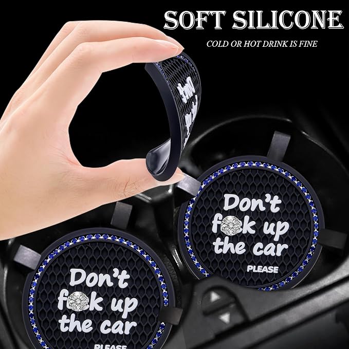 2PCS Bling Crystal Rhinestone Cup Holder Coaster – 2.75 Inch Anti-Slip Auto Insert Cup Coaster – Sparkling Interior Decor Accessories for Cars & Vehicles (Black & Blue)