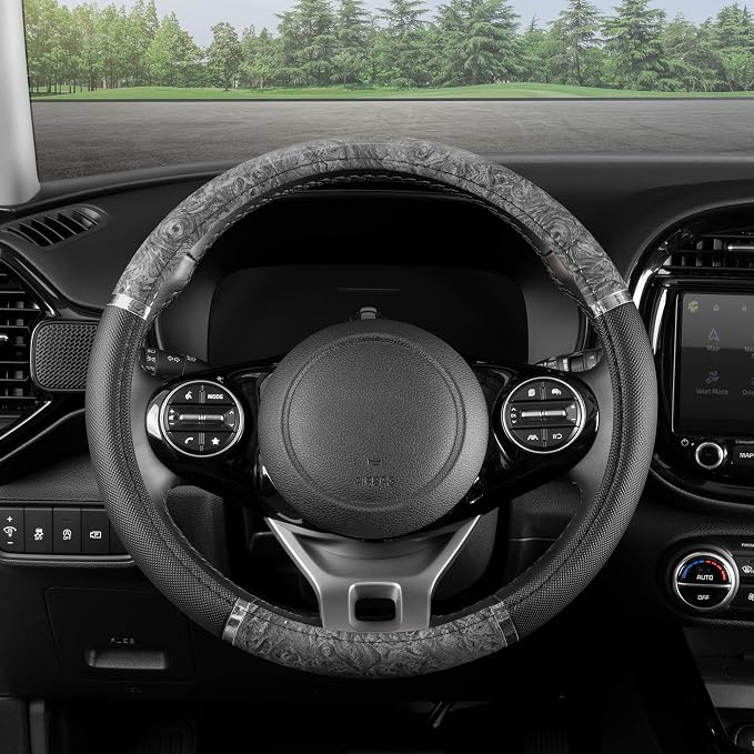 Chrome Wood Grain Black & Gray Steering Wheel Cover for Cars, Trucks, Van, SUVs - Elegant and Comfortable Grip Accessories