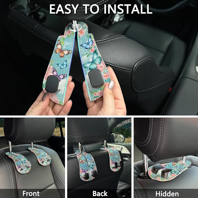 2PCS Car Seat Back Storage Headrest Hooks, Butterfly Purse Holder Bags Hanger, PU Leather Double Metal Hook for Backseat Organizer, Women Car Accessories Organization