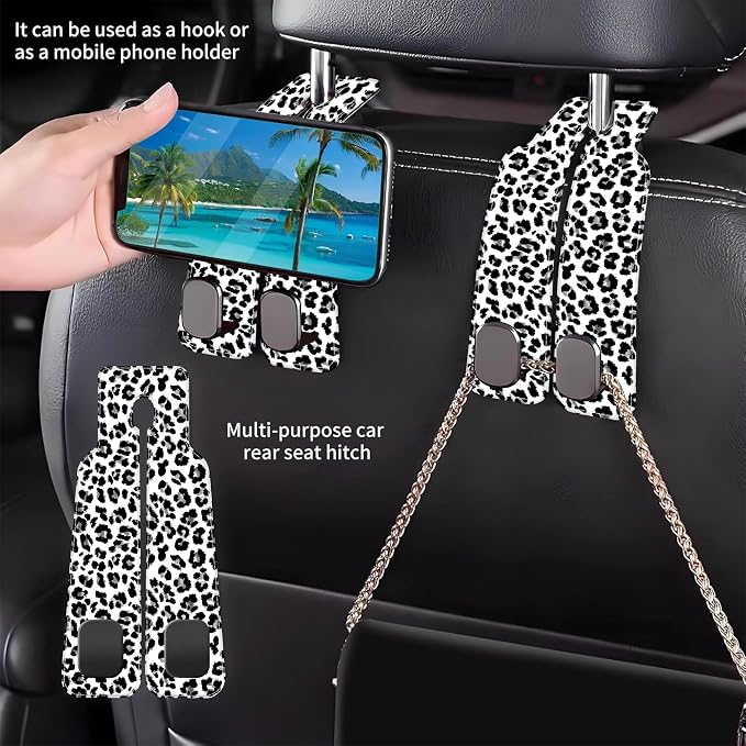 1 Pack Car Seat Headrest Hooks for Purses Abstract Black and Grey Leopard Bag Purse Holder for Car with Double Metal Hooks Car Purse Hanger Hanging Accessories