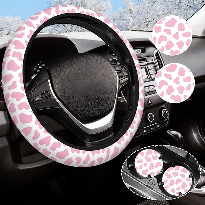 Pink Cow Steering Wheel Cover Anti-Slip and Practical 14.5-15 Inch Universal Car Steering Wheel Cover with 2 Pieces Car Coasters Suitable for Men Women