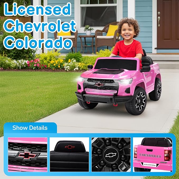 Licensed Chevrolet Colorado Electric Car for Kids, 12V Ride on Toys for Toddlers with Remote Control, Battery Powered Electric Car Ride On Vehicle w/Bluetooth, Soft Start, LED Lights - Pink