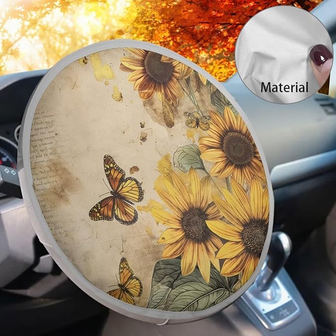 Sunflower Butterfly Steering Wheel Cover Sun Shade 17 inch Cooling Steering Wheel Sun Cover for Heat Protection Universal Auto Accessories Heat Reflector Fit Most Cars SUV Trucks Van