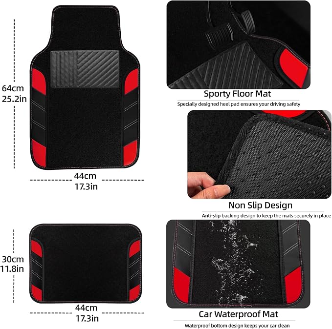 10 Pcs Car Floor Mats Full Set & Sport Leather Steering Wheel Cover 14.5-15 inch, Center Console Cover, Seat Belt Cushion, Cup Holder Coaster, Universal Automobile Interior Sets (Red)