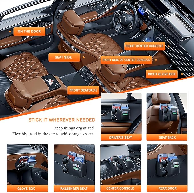 Foldable Car Storage Box with Glasses Clip,Multifunctional Seat Back Organizer,Trash Can, Auto Door Side Pocket,Storage Bag,Car Accessories Organizer Box