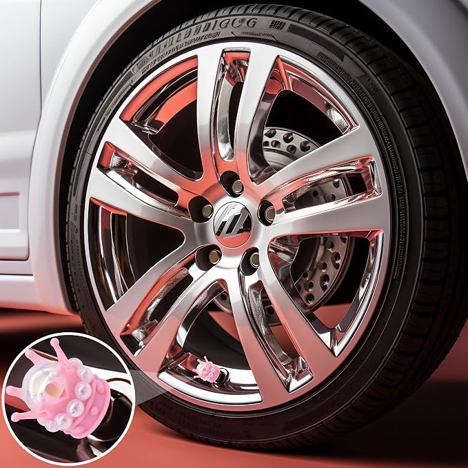 4PCS Crown Bling Tire Stem Valve Caps, Crystal Diamond Tire Air Cap Set Universal Copper Core Stem Covers for Cars, SUV, Trucks, Bikes, Motorcycles, Bicycles (Pink & White)