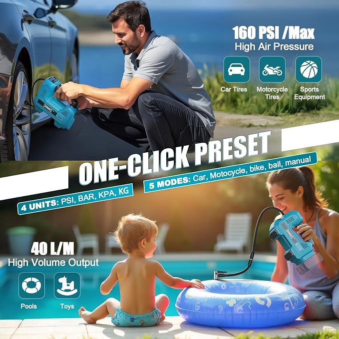 160PSI Cordless Tire Inflator Compatible with Makita 18V Air Compressor, Portable Air Pump Automatic Shut Off, LED Light, Digital Pressure Gauge for Cars Motorcycles Bike Ball (Tool Only)