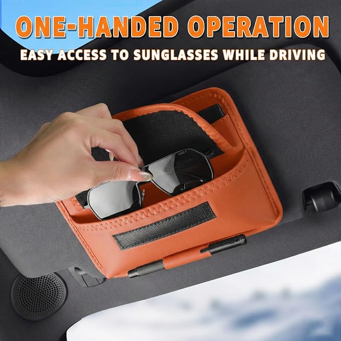 Car Visor Organizer – Sun Visor Storage Pouch Holder for Vehicle Truck SUV, PU Leather Auto Interior Accessories for Registration Document, Gas Card & Sunglasses, Universal Fit (Oranger) | Keeps Registration, Cards & Sunglasses Neatly Within Reach