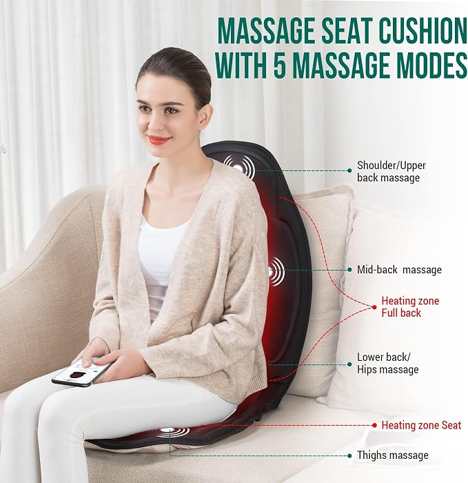 Vibration Massage Seat Cushion with Heat, 6 Vibration Motors, 6 Massage Modes, Heated Massage Chair Pad for Office Chair, Home Recliner & Desk Chair, Back & Seat Massager with Remote