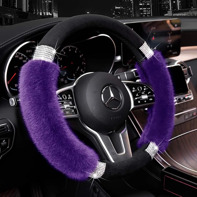 Rhinestone Fluffy Steering Wheel Cover - Comfortable Non-Slip Luxury Faux Wool, Universal Fit for 14.5" to 15" Steering Wheels
