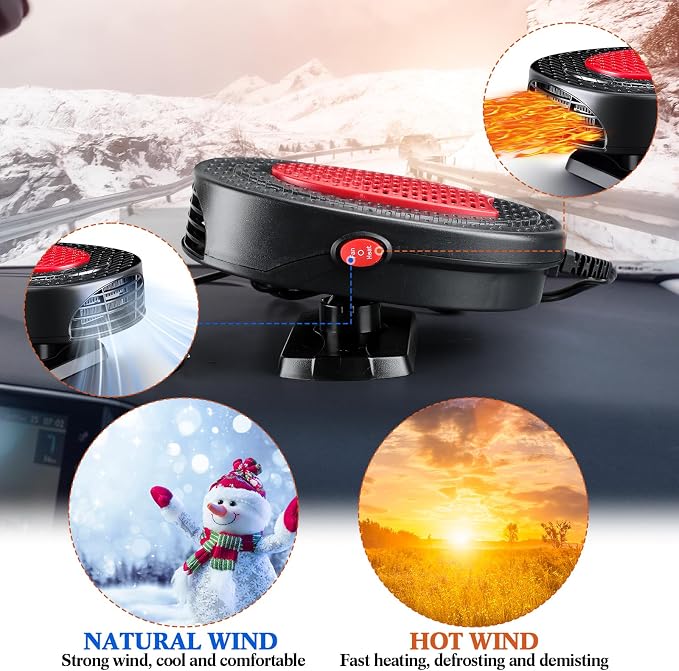2 Pcs Portable 2 in 1 Car Heater 12v 150w Car Heater Plug in Cigarette Lighter Defroster Windshield 360 Degree Rotation Fan Auto Demister Cooling Air Circulator(Red, Black)